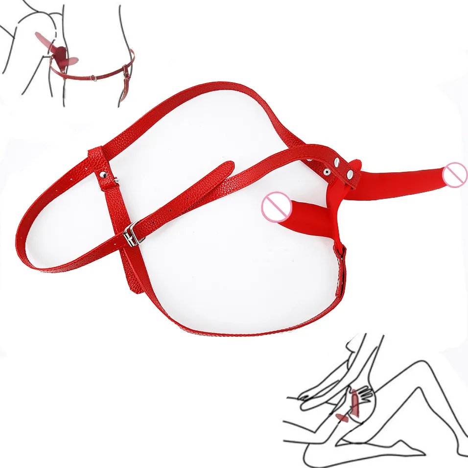 Camatech Strap-On Double Realistic Dildo Vagina Panties PU 가죽 하네스 벨트 레즈비언 실리콘 음경 여성을위한 섹시한 장난감