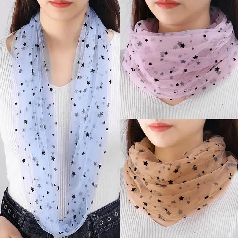 Femmes maille dentelle étoile foulard flocage protège-cou faux col couverture écharpe en soie été couleur unie longue plage crème solaire écharpe