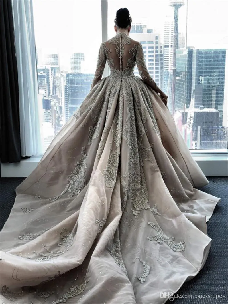Vestidos de noiva de sereia de pescoço alto de pisadas de cristal de luxo  com trem destacável sexy sexy plus size mangas compridas champanhe vestido