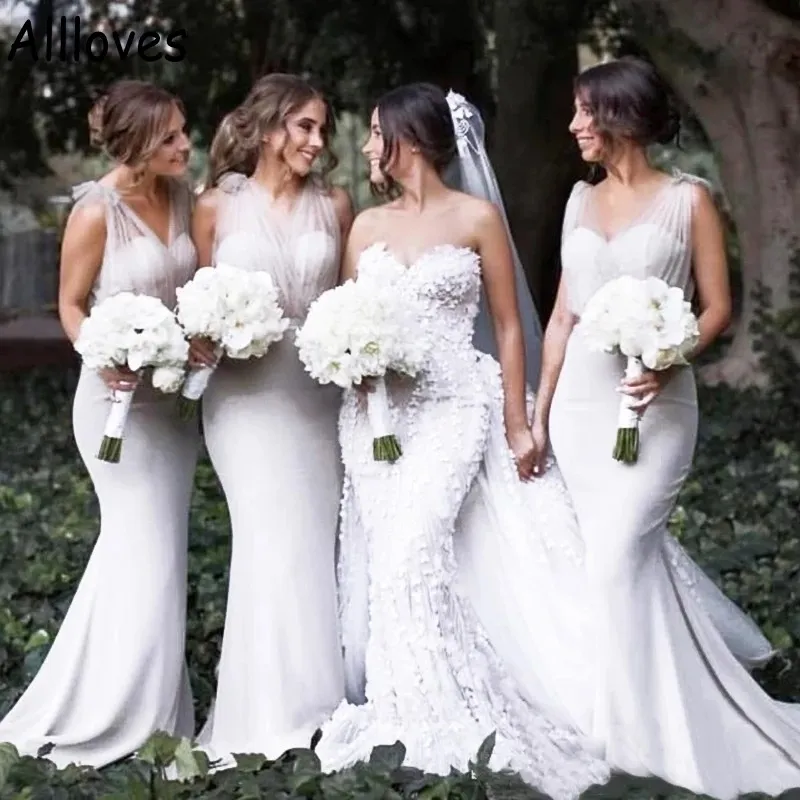 Прозрачные ремни белые элегантные длинные платья подружки невесты русалка простая атласная горничная горничная платья понеж