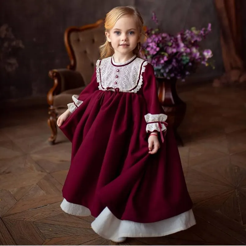 Meisjesjurken 0-12y Baby Girl Autumn Winter Lace Wine Red Bourgondië Lange jurk voor kerstverjaardag