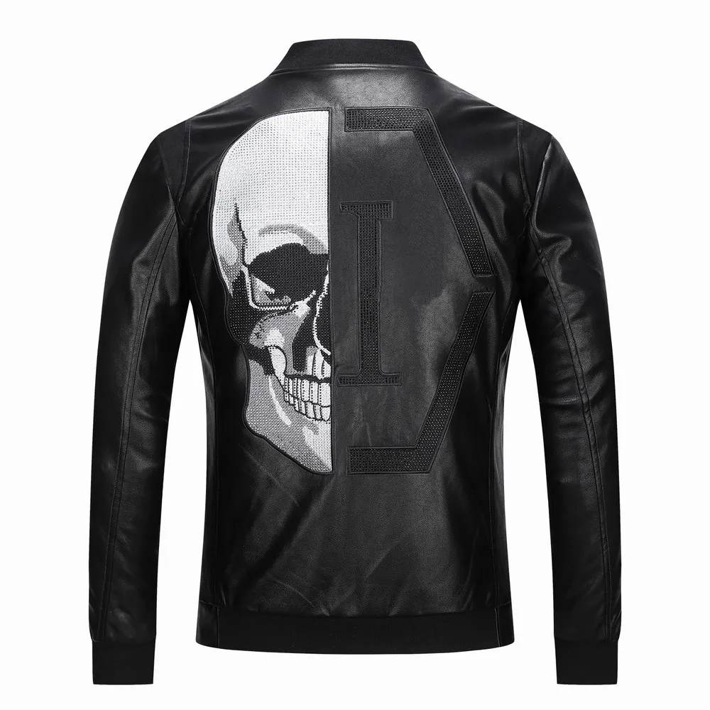 Plein-brand Men's PP Skull Embroidery Leather fur Jacket Thick Baseball Collar Jacket coat Simulation Motorcycle