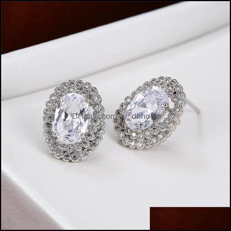 Stud Vintage Female White Crystal Stone Earrings Rose Gold Silver Color Dainty Birdal Oval Wedding For Women1