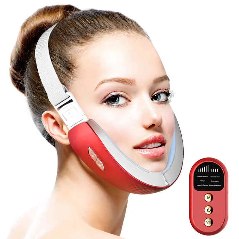 6 Modes Facial Lifting Device LED Photon Heating Face Slimming Massager Machine Double Chin Reducer With Remote Controller 220512