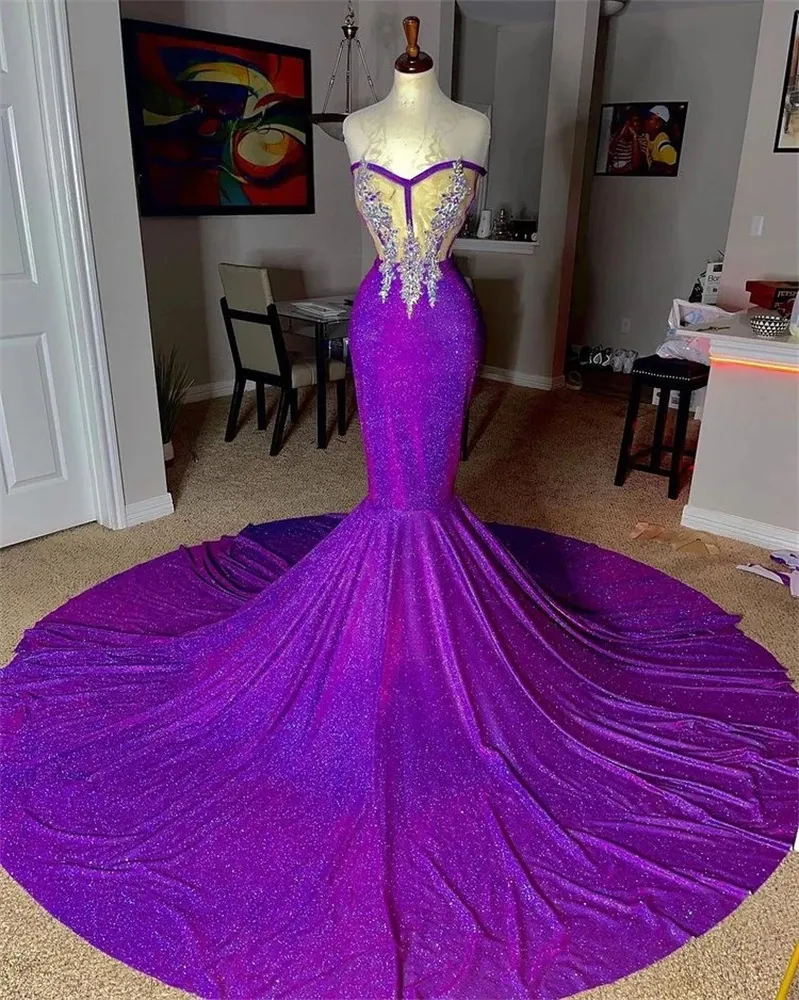 Lila Meerjungfrau Prom Dresse Perlen Strass Aso Ebi Party Kleid Für Schwarze Mädchen Abendkleid Afrikanische Robe De Bal