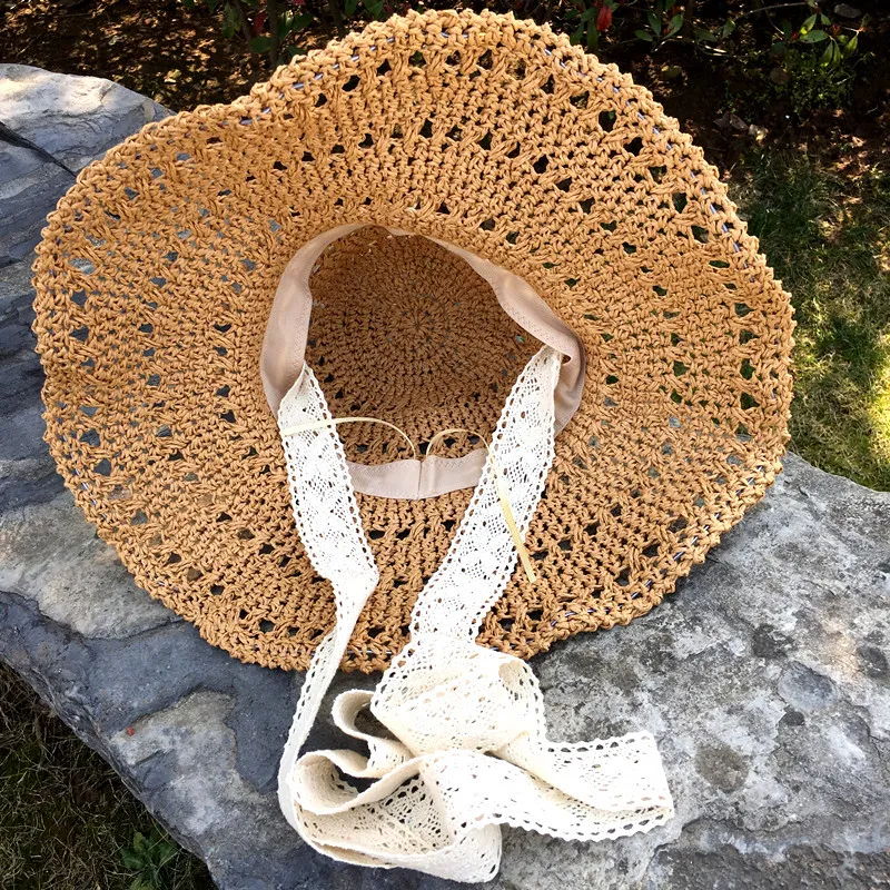 Summer Strappy Sun Protection Beach Hat Women Hollow Wide Brim Straw Hats Foldable Grass Braid Sunshade Cap