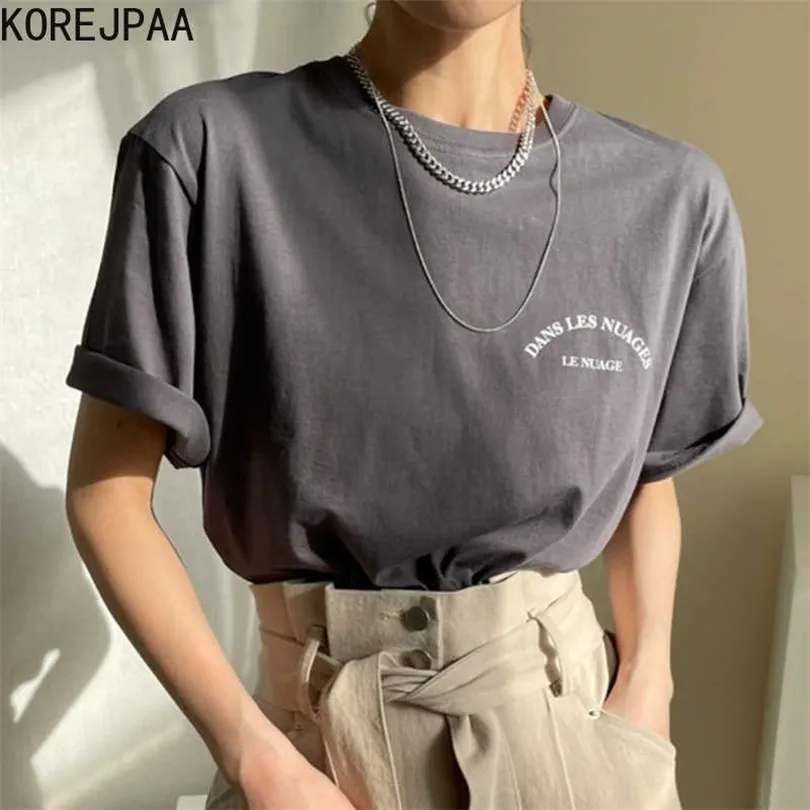 Korejpaa Girl T-shirt verão corea chic temperamento casual round pescoço letra contrastante impressão de pulôver versátil solto 210526