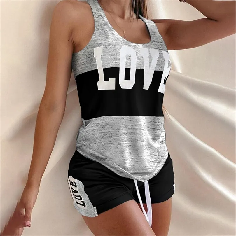 Lettera d'amore Stampa Taglia S5XL Donna Estate Tuta senza maniche Halter Streetwear Fitness Tuta sportiva per donna Lady Salopette corta 220704