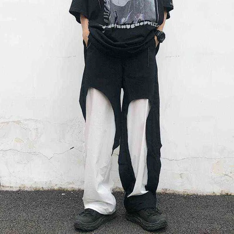 2021 tendance haute rue style personnalité couches couture pantalons de travail pantalons décontractés hommes G220507