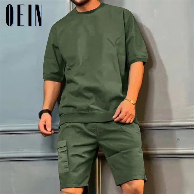Summer Mens Tracksuit Solid 2 Piece Set Casual Top Tee Cargo Shorts Sets Fashion Loose Sport Jogging Suit Clothing 220617