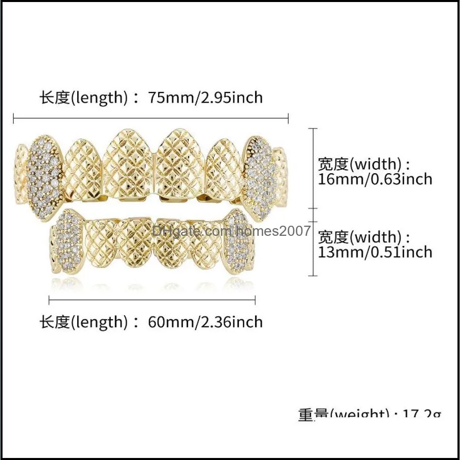 Embossed Smooth Canine Zirconium Hip Hop Teeth Grill All Iced Out CZ Stone Men Women`s Top&Bottom Grills Set