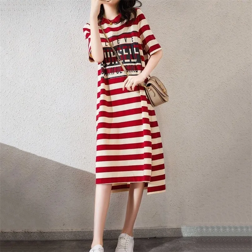 verão coreano Comprimento médio solto e fino listrado camiseta vestido de camiseta feminino r redond round pescoço de fada vestido 220613