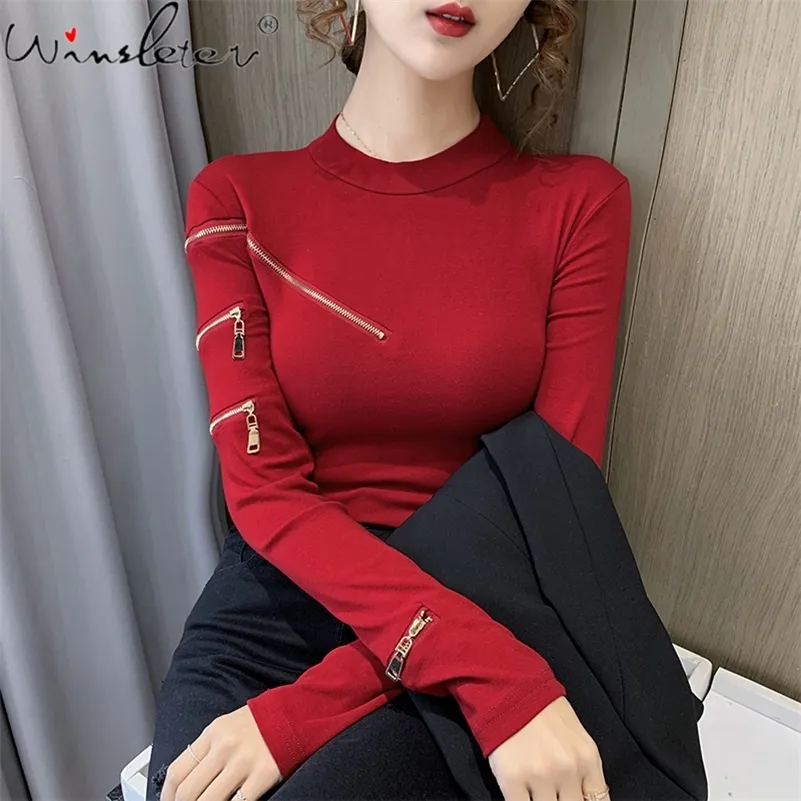 Spring European Clothes Solid T-Shirt Fashion Design Sexy Zipper Women Tops Bottoming Shirt Long Sleeve Tees T17729A 220321