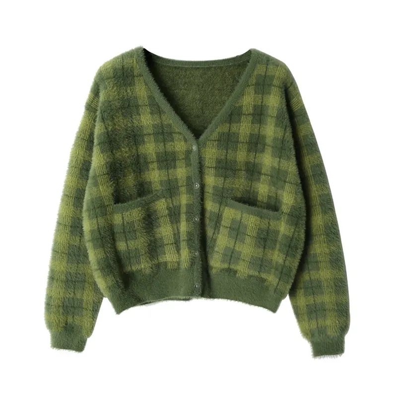 Harajuku Fuzzy Green Plaid Cardigan With Front Button Women Cropped Cardigan Sweater CX200814