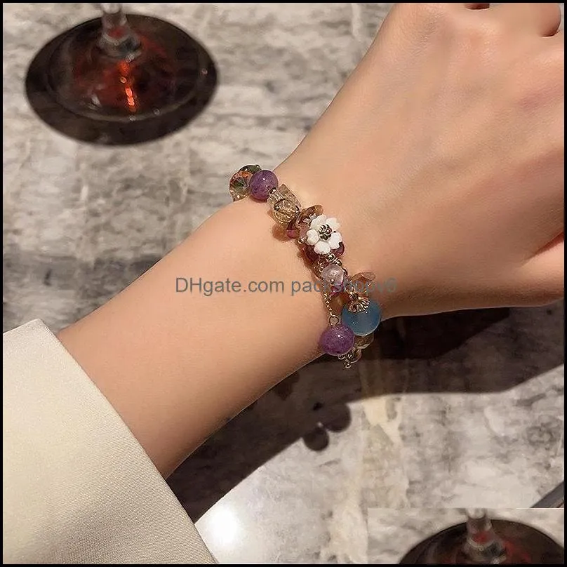 charm bracelets minar vintage blue purple color crystal beaded bracelet for women white resin flowers beads elastic accessories