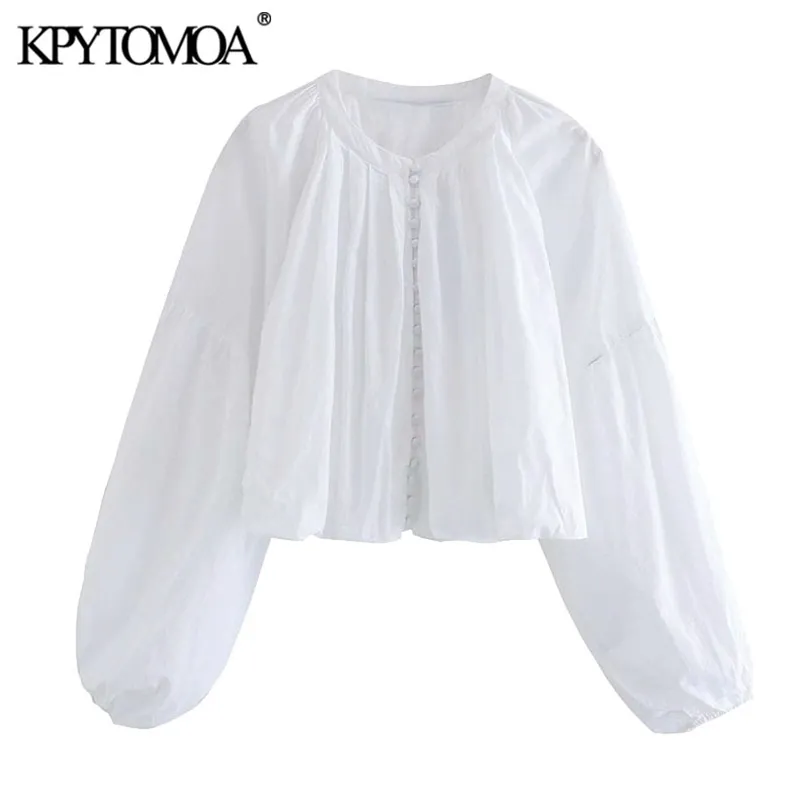 KPYTOMOA Kobiety moda z zadaszonymi guzikami przyciętymi bluzkami vintage o szyi Latarn Rękawe żeńskie koszule eleganckie topy 210308