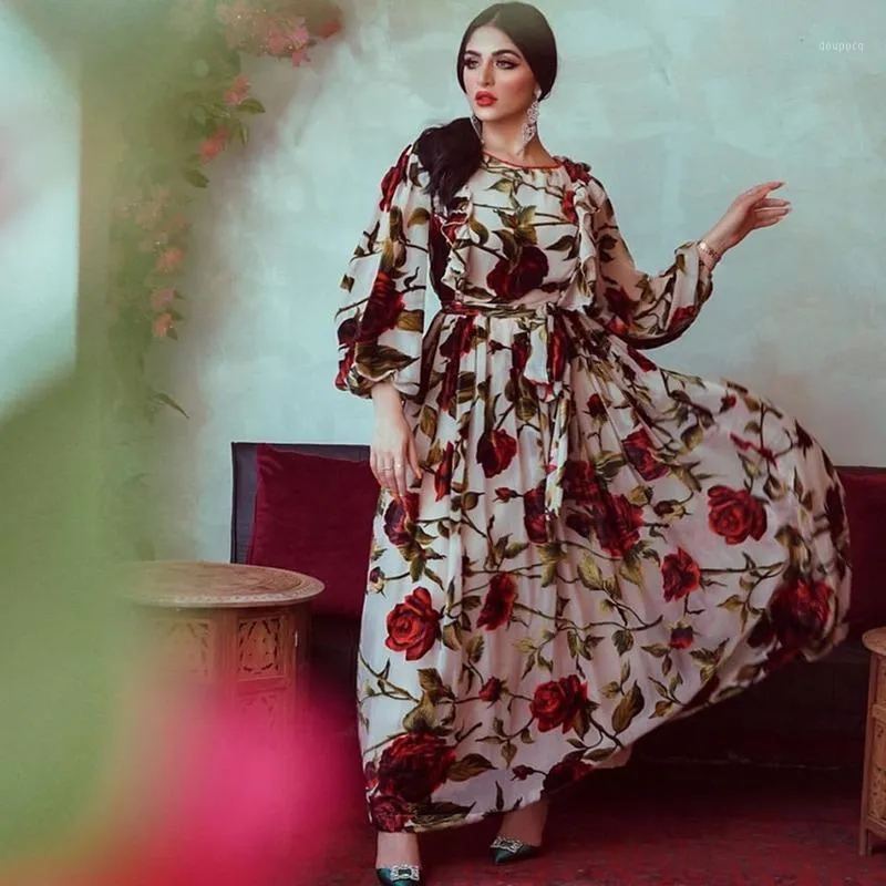 Islam Middle East Turkey Ruffled Rose Printed Bohemian Dress Women Robe 2022 Dresses Dubai Turkish Muslim Long Satin Ethnic Clothing