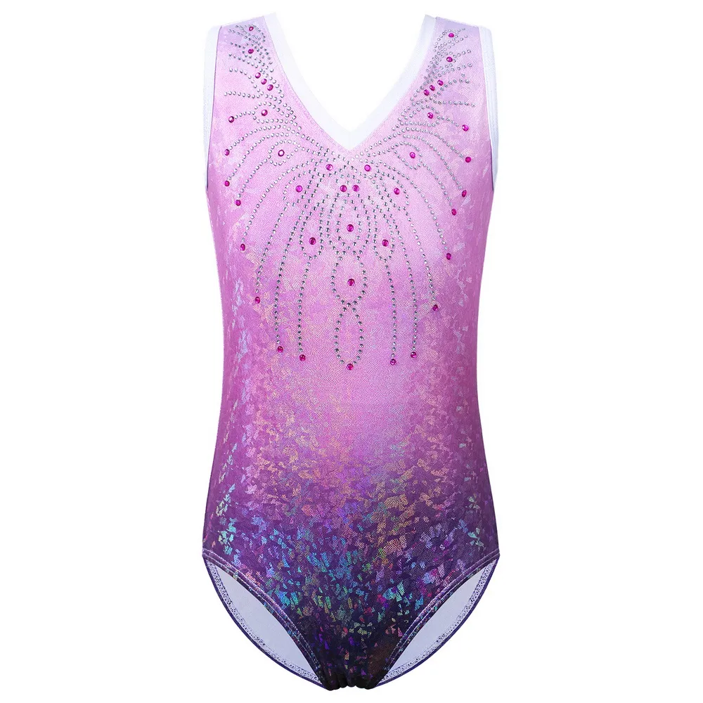 Children Girls Dancewear 5-14 Years Sleeveless Dance Dress Purple Shiny One-Piece Tank Kids Teens Pattern