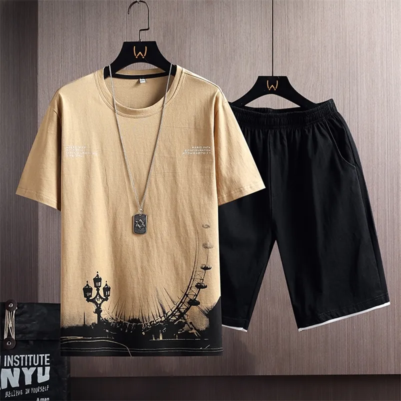 Men S Summer Tracksuit Fashion Short Sleeve Sportswear Ink Print T Shirts Shorts 2 PC Set Men Casual Sports Suits Male Clothing 220616