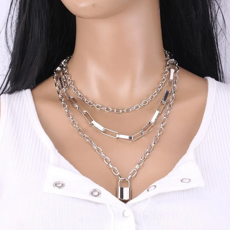 Multilayer Gothic Chain Necklace With Tibetan Silver Rock Lock