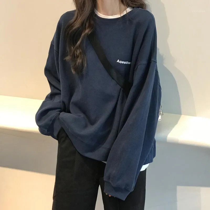 Hoodies feminino moletom azul pescoço 2022 Loose coreano estilo preguiçoso