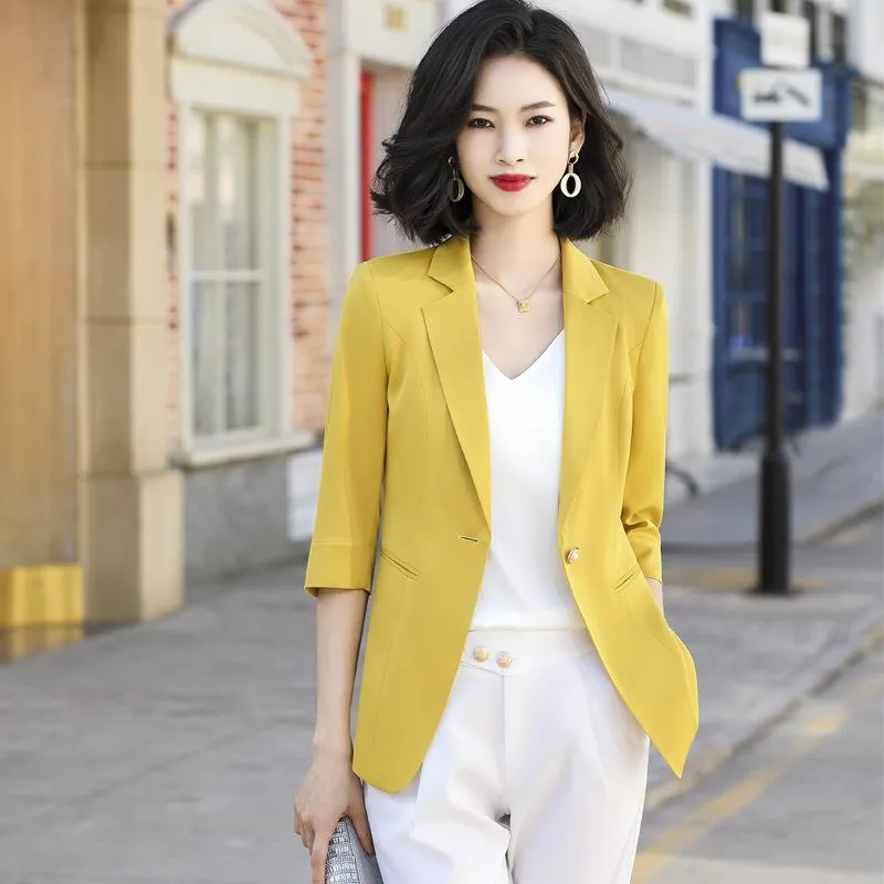 Ternos femininos Blazers versão coreana Protetor solar jaqueta Blazer feminino Moda da primavera Moda Um botão costurando manga de três quartos Small S