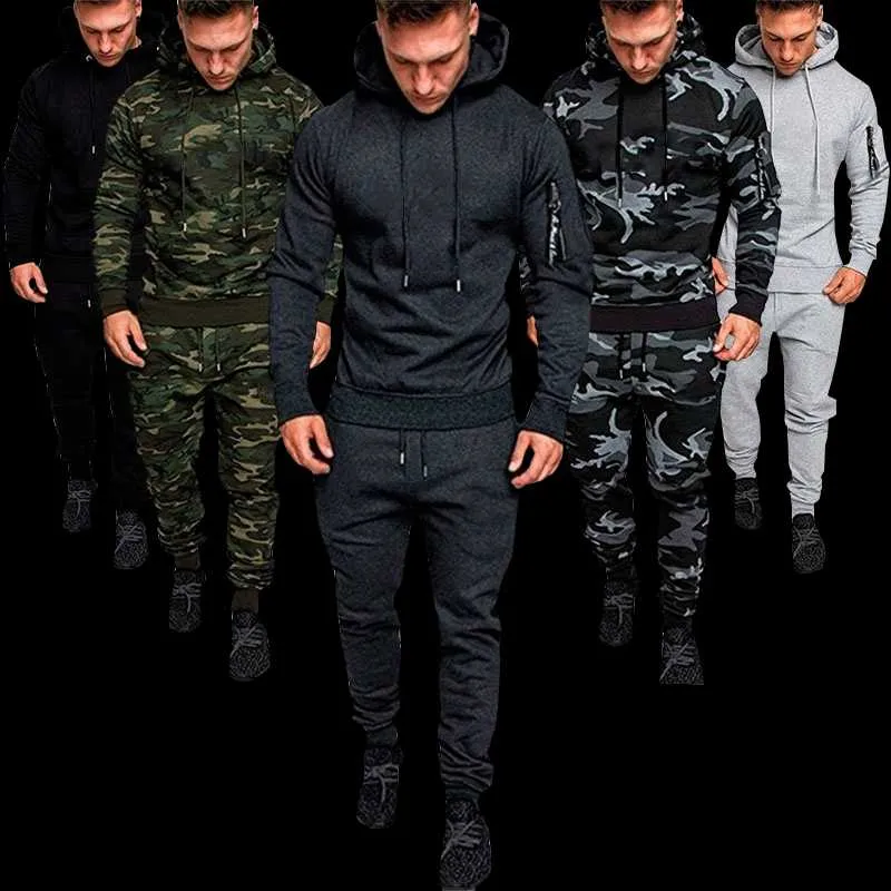 Survêtements pour hommes Pièces Survêtement Ensembles de sweat à capuche militaire pour hommes Camouflage Muscle Man Automne Hiver Sweat tactique Top et veste PantsMen '