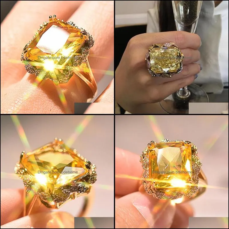 Square Yellow Cyrstal Engagement Band Ring Champagne Big Zircon Rings For Women Vintage Jewelry