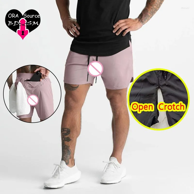 Herr shorts man sexig öppen gren för utomhus sex crotchless sport tröjor gay erotiska trosor dubbel dragkedja fitness byxa snabba drymen's