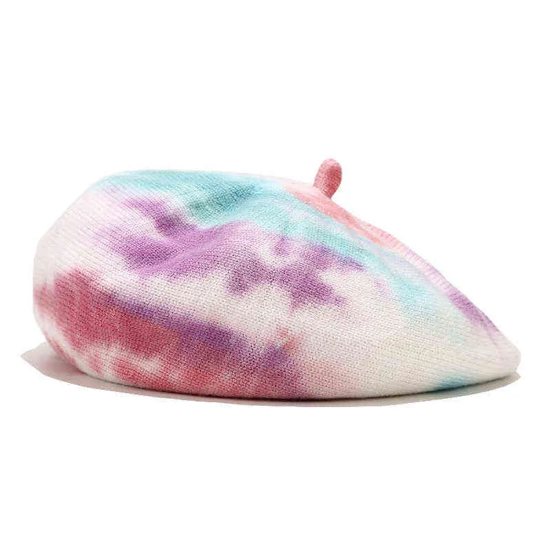 Winter Vintage Luxe vrouwen Beret Rainbow Tie Dye Print Wool Hat Vrouwelijk gebreide motorkap Caps Spring Herfstmerk Women Hoeden J220722