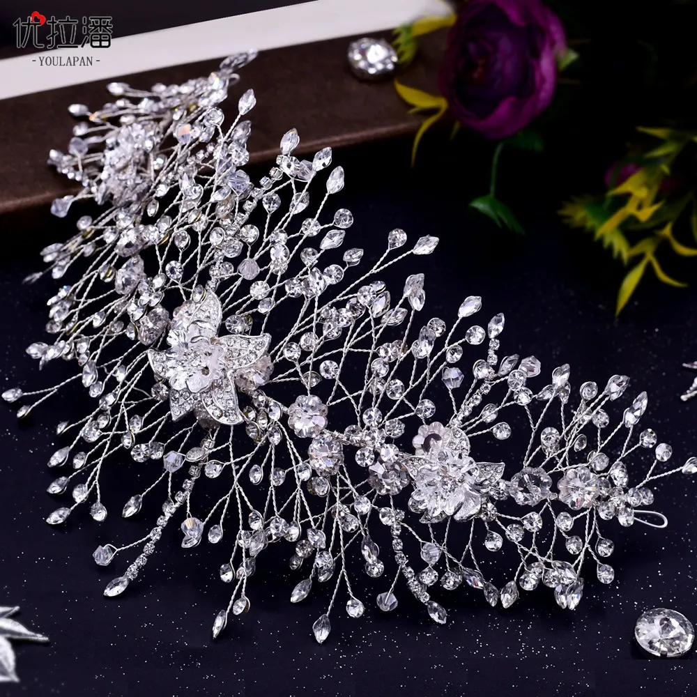 Silber Blume Diamant Hochzeit Tiara Barockkristall Braut Headwear Crown Strass mit Hochzeit Schmuck Haarschmuck Brautkronen Kopfbedeckungen HP286