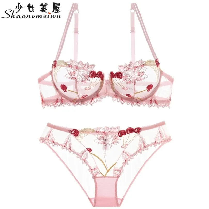 Shaonvmeiwu sexy lingerie transparente broderie de dentelle mince mince soutien-gorge rose costume de soutien-gorge de fruits de cerise LJ200814