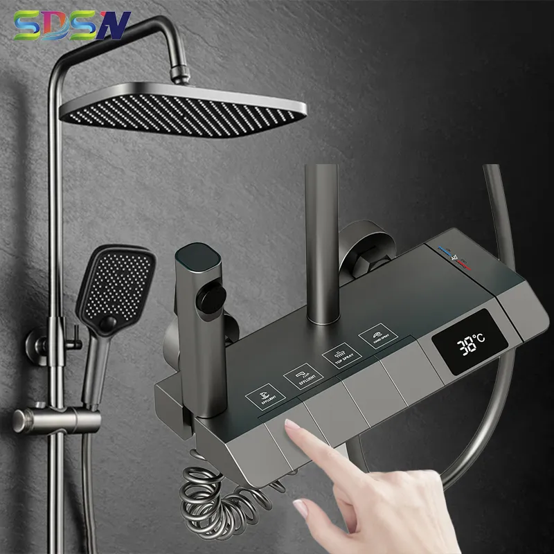 Square Grey Thermostatic Piano Shower System Hot Cold Bathroom Mixer