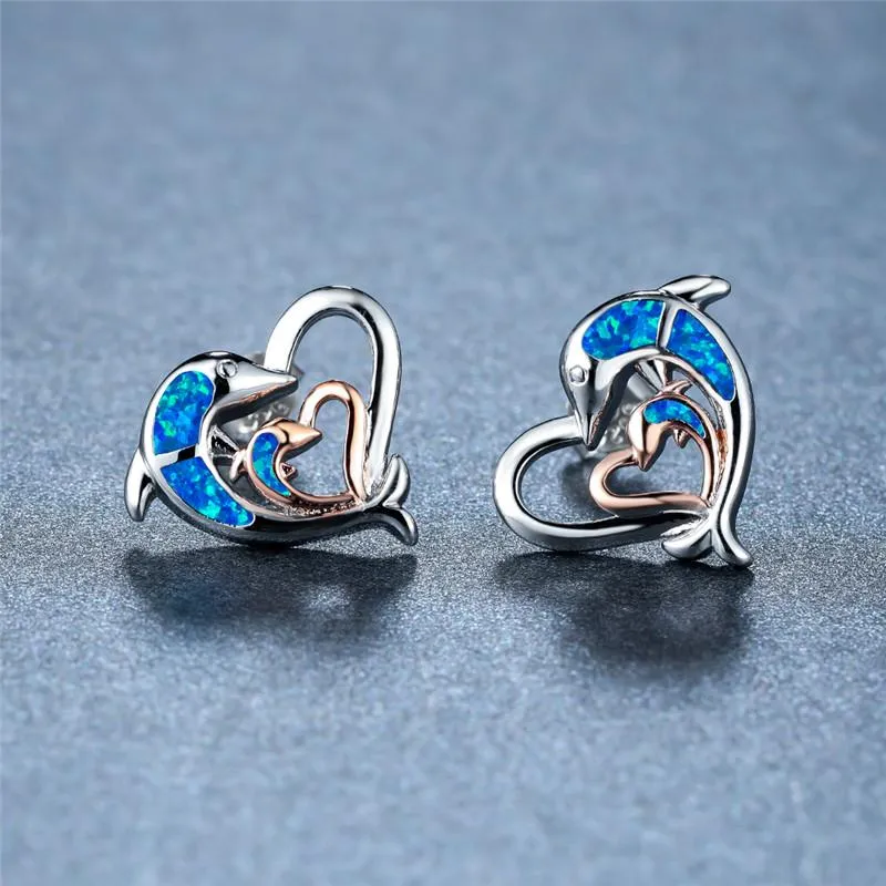 Stud fofo feminino azul opala brincos de pedra charme de golfinho pequeno para mulheres vintage cor prata cor coração breatingsstud