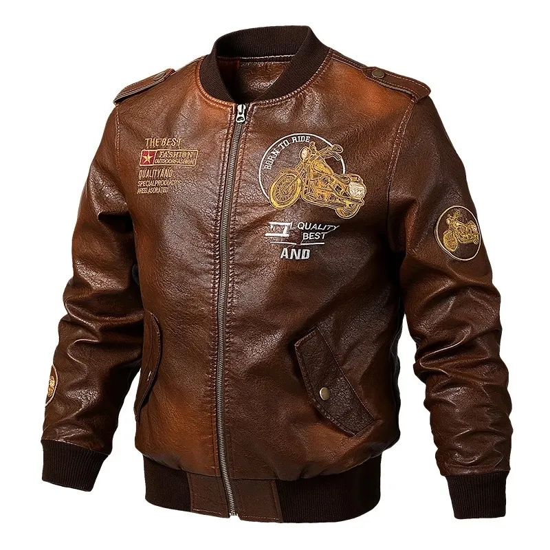 Autumn Winter Leather Jacket Men Slim PU Windproof Motorcycle Embroidered Bomber Jackets Oversized outwear plus size 5XL Male 220816