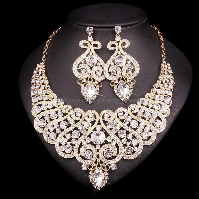 Luxury Bridal Jewelry Set for Wedding Crystal Statement Necklace Earring Indian Party Costume Jewellery Accessories Gift Women 210720