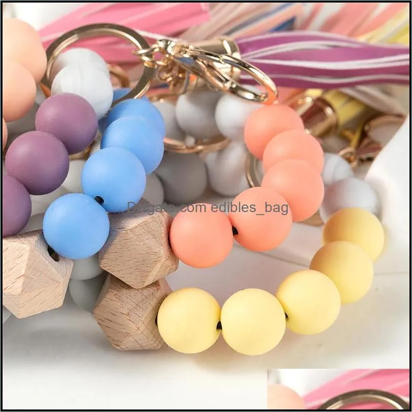 14 colors silicone key ring bracelet beaded wrislet keychain portable house car keys holder with tassel keyring bangle for women girl keychains wristlet