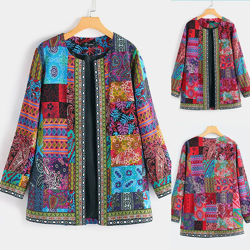 5XL Veste Manteau Femmes Mode Automne Hiver Ethnique Imprimé Floral À Manches Longues Lâche Vestes Manteaux Cardigan Survêtement Chic Top Vintage Coton Lin Cardigan