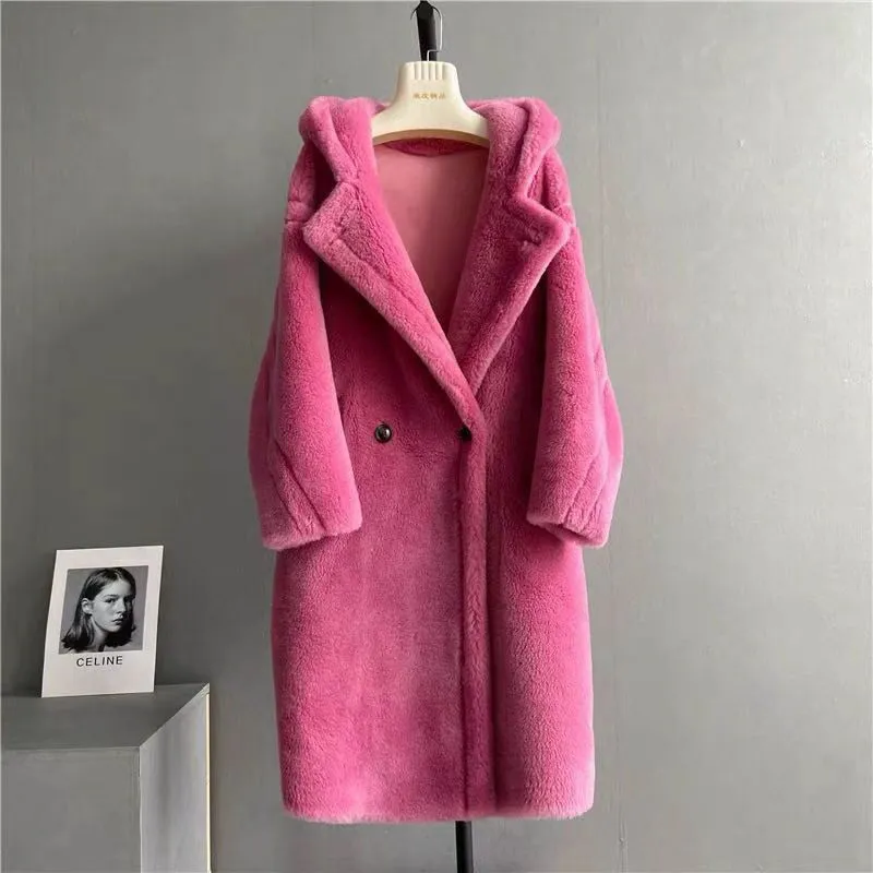 Mm dames kleding ontwerper jassen topkwaliteit max klassieke teddybeer capuchon jas handgemaakte custom pure wollen jas lange losse mode winter