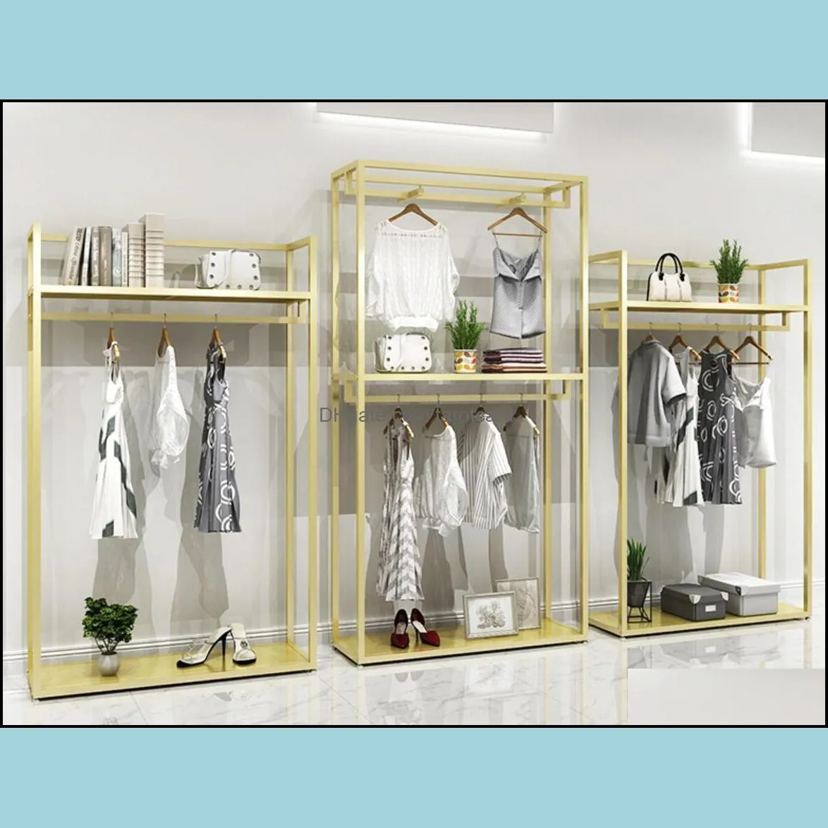 Gold Hanger Mens And Womens Clothing Store Shelf Commercial Furniture Clothes Display Rack Floor Type Shelfs Golden Hangers Cloth Drop Deliv