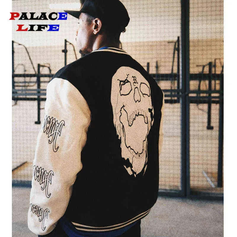 Hip Hop Schädel bestickt Baseball Jacke Männer Patchwork Brief Harajuku College Stil Bomber Jacke Herbst Paar Baseball Mäntel T220816