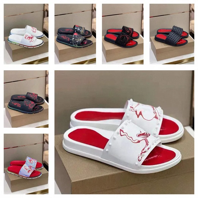 2022 Designer Red Bottoms Studded Slippers Studs Rivet Suede Sandals Mens Printed Slides Flat Shoes Summer Red Thick Sole Outdoor Laser Striped Sandal X3jx#