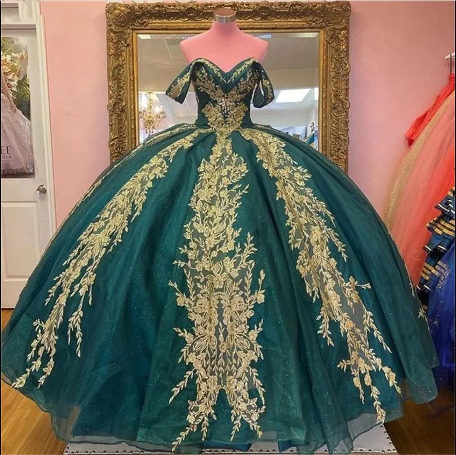 sachin and babi light blue dress Emerald Green and Gold Embroidered Quinceanera Ball Green Ball Gown with Applique Pearls and Beading, Off-Shoulder Puffy Tulle Sweet 16 Dress
