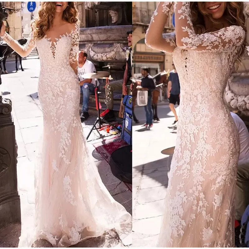 Robes Berta en dentelle ivoire nue 2022 Nouveau designer illusion à manches longues décolleté transparent voir si dos robe de mariée bohème sirène 328 328