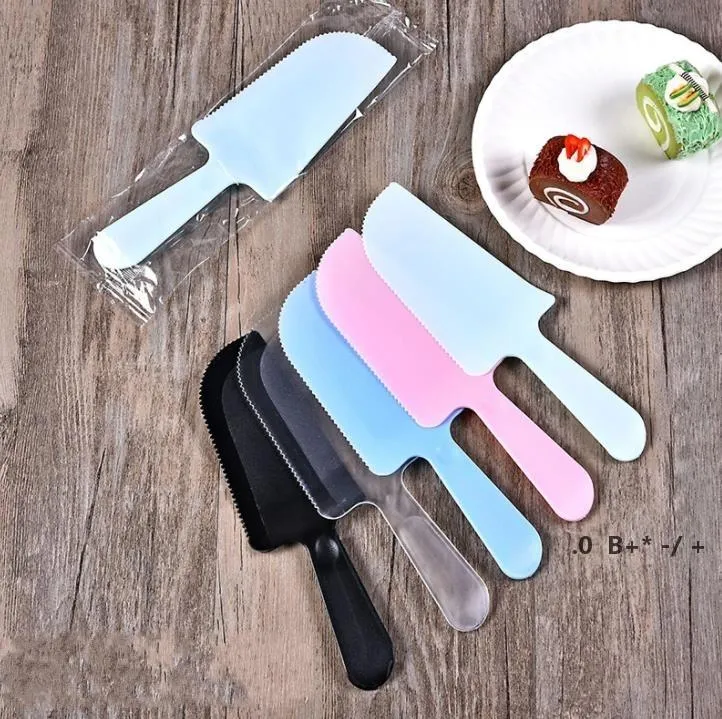 Wegwerp plastic cake tools snijder verjaardagsdessert bruiloft mes frosted zwart roze transparante bulk onafhankelijke verpakking RRA12658