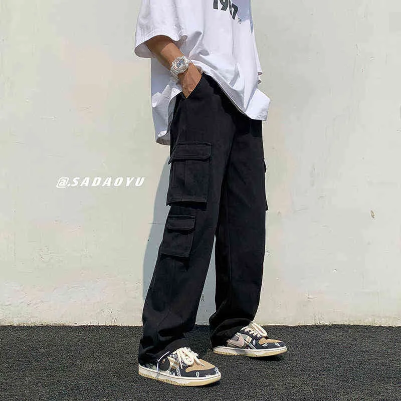 White Black Cotton Cargo Pants Men Fashion MultiPocket Casual Streetwear Loose HipHop Straight J220629