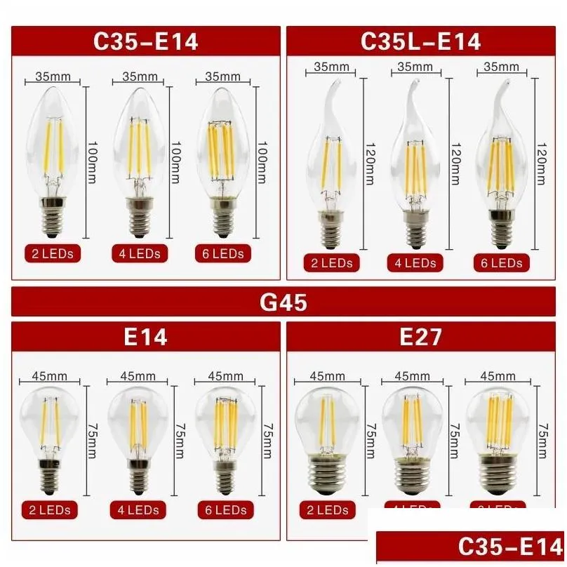 led filament dimmable c35 candle bulb 2w 4w 6w e14 bulbs light 110v 220v clear glass crystal chandeliers pendant floor lights edison