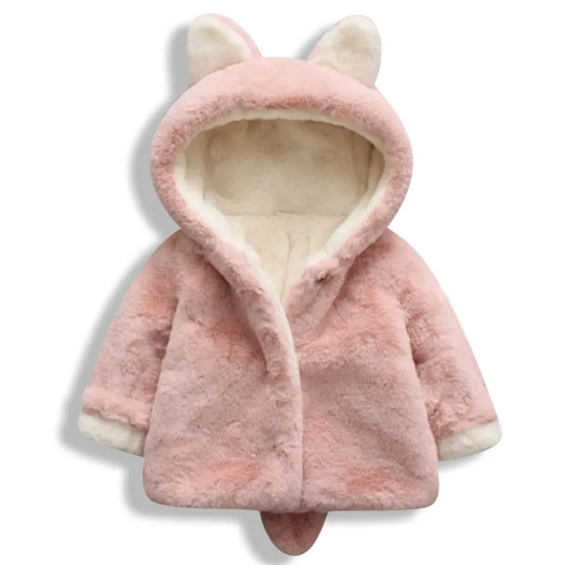 Zimowa dziewczyna ubrania królicze ucha pluszowe ciepły śnieg 1-5 lat miski z kapturem kurtka dla dzieci płaszcz lj201128