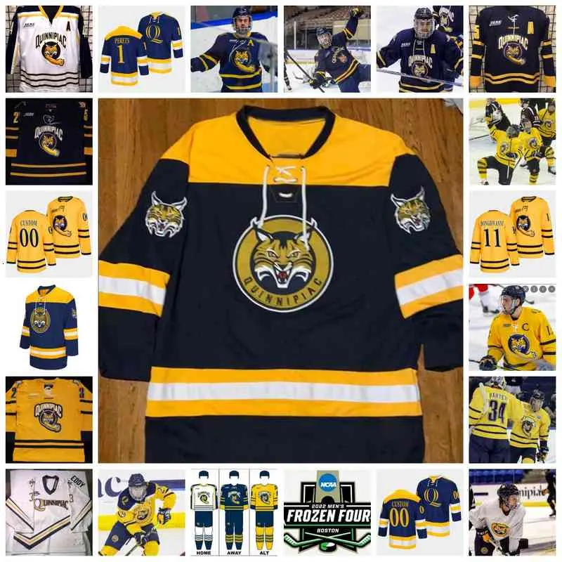 Xflsp 2022 College Frozen Four Custom QU Quinnipiac Bobcats Hockey Jersey 25 Brogan Rafferty 8 Chris Cerrella 29 Todd Johnson 18 Jim Hanscom 35 Bill