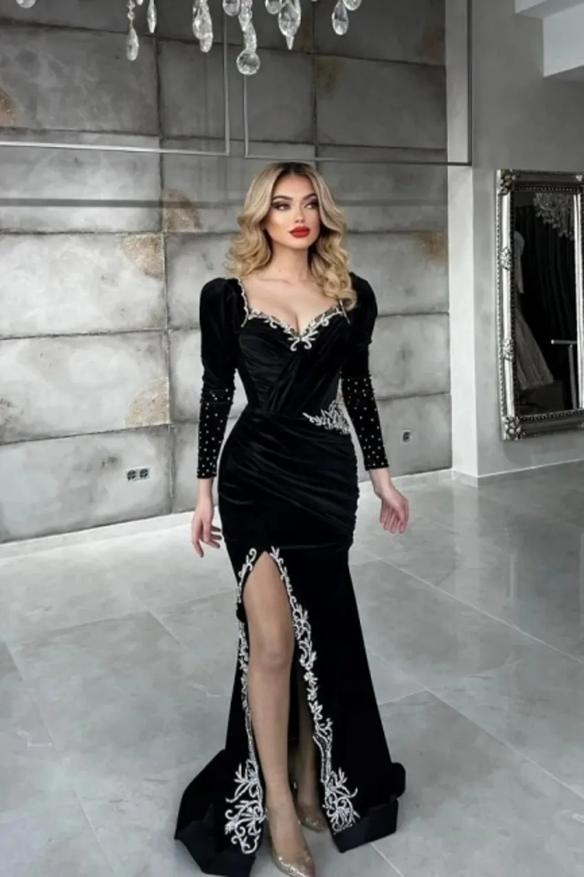 Sexy Black Sequined Velvet Mermaid Elegant Evening Gowns Sexy Black Sequined Velvet Mermaid Elegant Evening Gowns